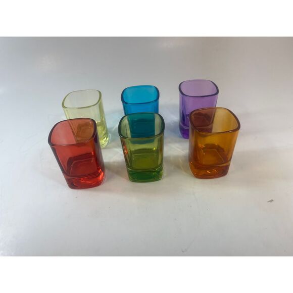 Colorful Square Shot Glasses Set of 6 Modern Bar Drinkware Rainbow Heavy Base - Picture 1 of 7